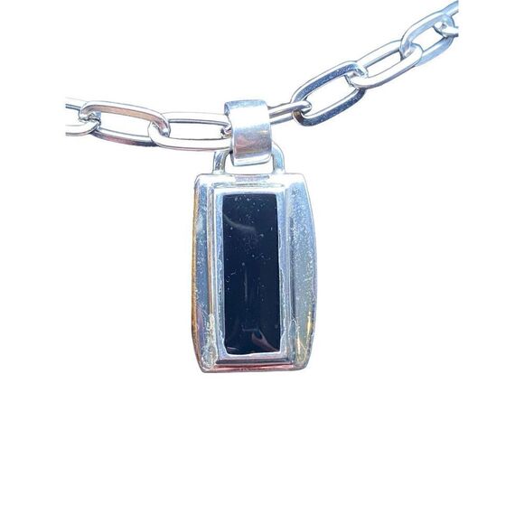 Silvertone paper clip chain with silver and black rectangular pendant - Picture 3 of 5